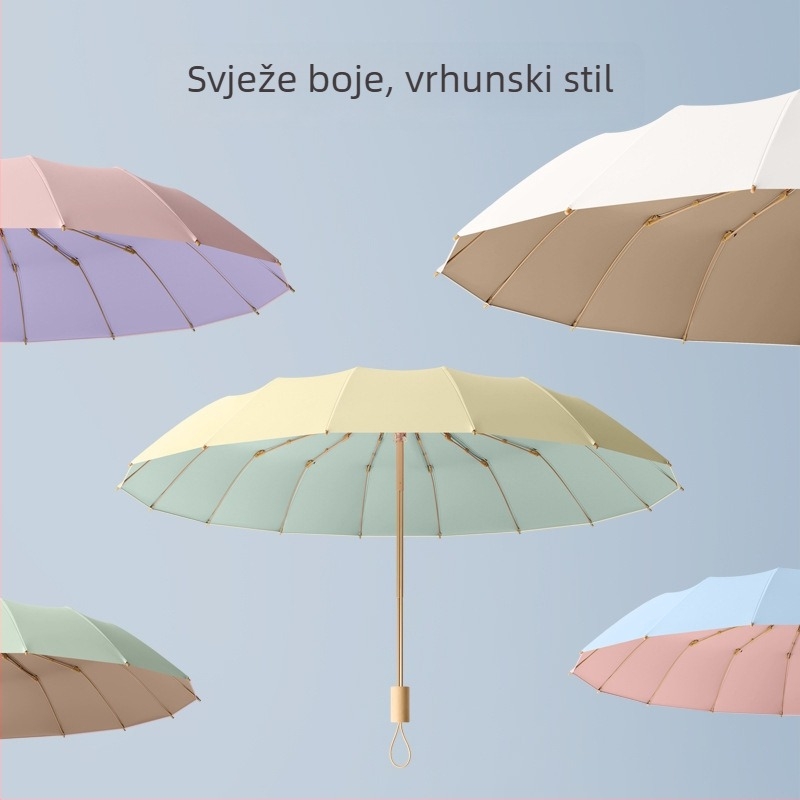 Ženski kišobran za sunce i kišu, dvostruka upotreba, trostruko se sklapa, ojačan, UPF50+ UV zaštita, 16-rebrani željezni okvir, štap od legure i drvena ručka