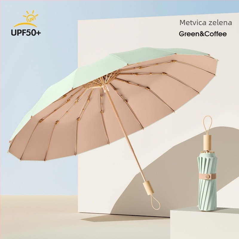 Ženski kišobran za sunce i kišu, dvostruka upotreba, trostruko se sklapa, ojačan, UPF50+ UV zaštita, 16-rebrani željezni okvir, štap od legure i drvena ručka