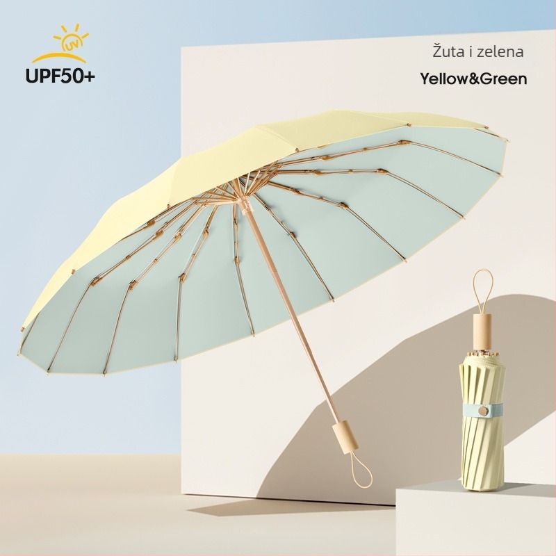 Ženski kišobran za sunce i kišu, dvostruka upotreba, trostruko se sklapa, ojačan, UPF50+ UV zaštita, 16-rebrani željezni okvir, štap od legure i drvena ručka
