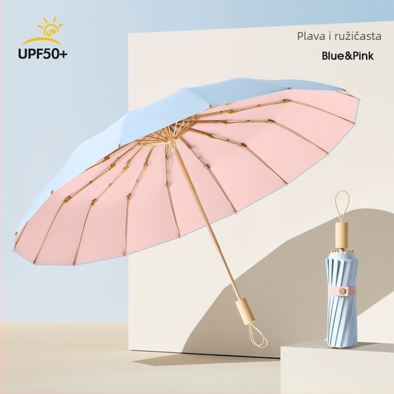 Ženski kišobran za sunce i kišu, dvostruka upotreba, trostruko se sklapa, ojačan, UPF50+ UV zaštita, 16-rebrani željezni okvir, štap od legure i drvena ručka