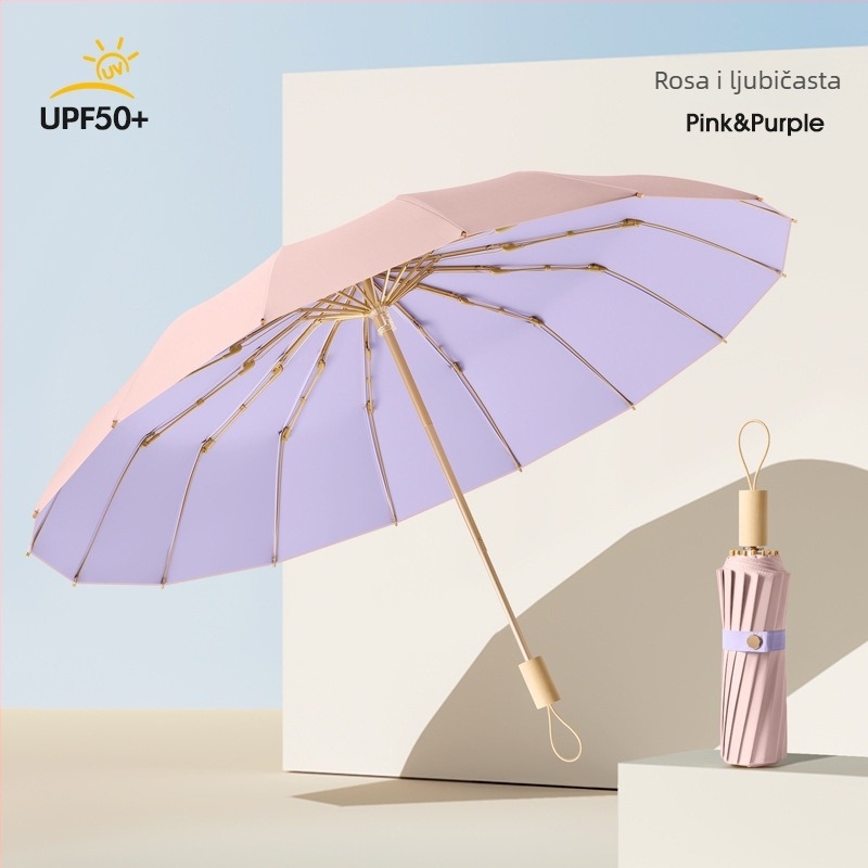 Ženski kišobran za sunce i kišu, dvostruka upotreba, trostruko se sklapa, ojačan, UPF50+ UV zaštita, 16-rebrani željezni okvir, štap od legure i drvena ručka