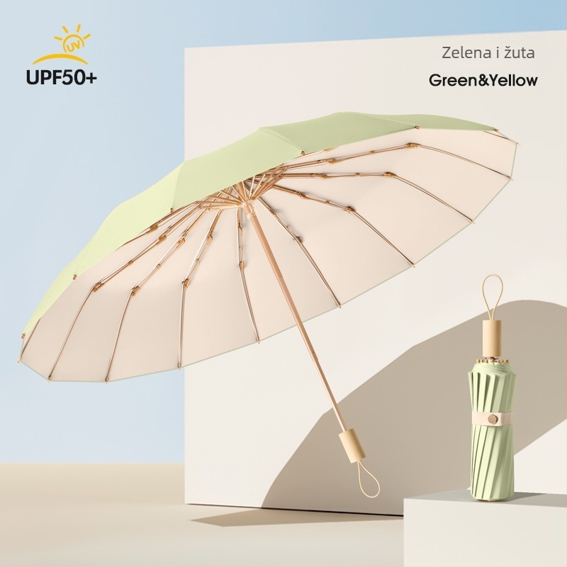 Ženski kišobran za sunce i kišu, dvostruka upotreba, trostruko se sklapa, ojačan, UPF50+ UV zaštita, 16-rebrani željezni okvir, štap od legure i drvena ručka