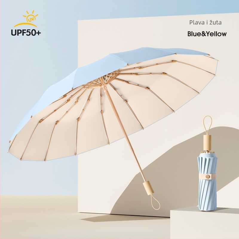 Ženski kišobran za sunce i kišu, dvostruka upotreba, trostruko se sklapa, ojačan, UPF50+ UV zaštita, 16-rebrani željezni okvir, štap od legure i drvena ručka