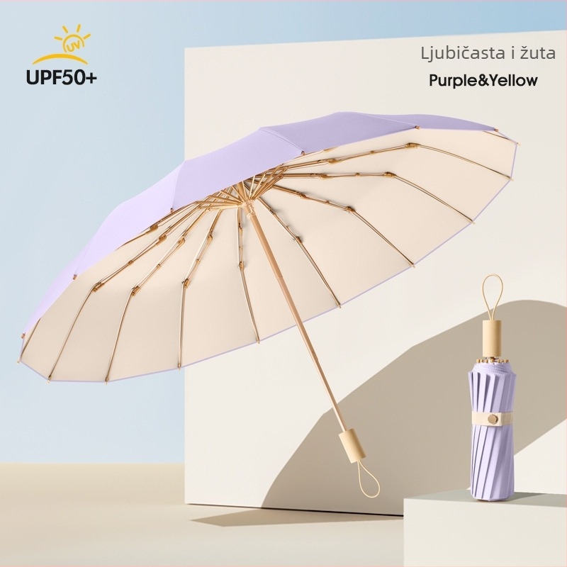 Ženski kišobran za sunce i kišu, dvostruka upotreba, trostruko se sklapa, ojačan, UPF50+ UV zaštita, 16-rebrani željezni okvir, štap od legure i drvena ručka