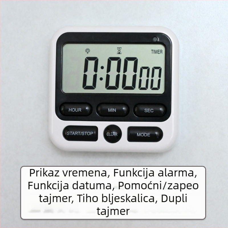 Kuhinjski timer s alarmom, digitalni LCD prikaz, elektronički mehanizam, kvadratično ABS kućište, napajanje baterijama