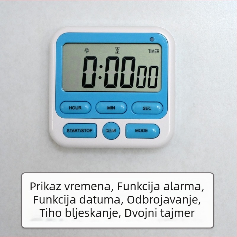 Kuhinjski timer s alarmom, digitalni LCD prikaz, elektronički mehanizam, kvadratično ABS kućište, napajanje baterijama