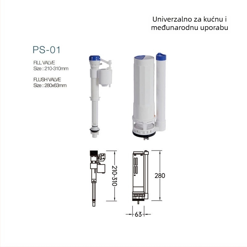 Toaletni dodaci – ventil za ulaz vode, gornji i donji ventil za odvodnju, ABS trodijelni set