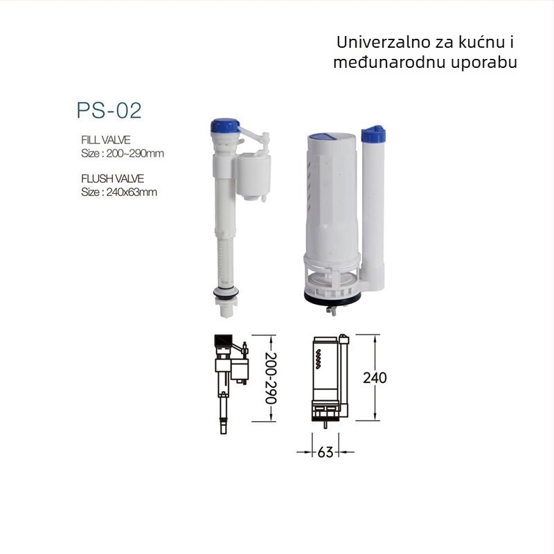 Toaletni dodaci – ventil za ulaz vode, gornji i donji ventil za odvodnju, ABS trodijelni set