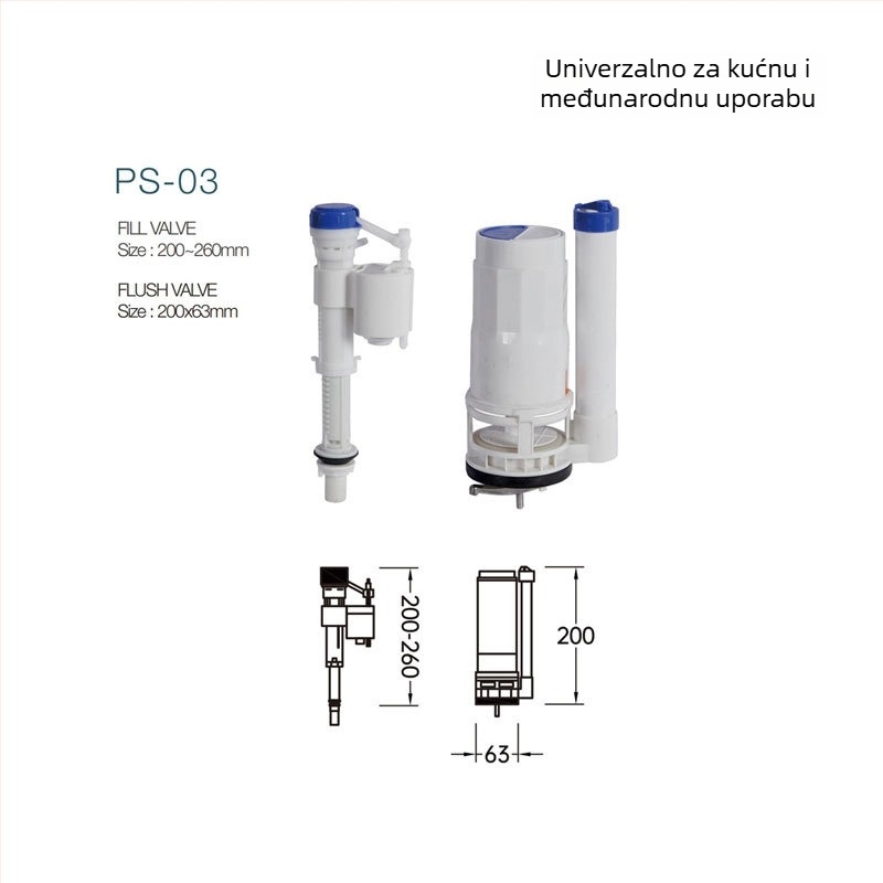 Toaletni dodaci – ventil za ulaz vode, gornji i donji ventil za odvodnju, ABS trodijelni set