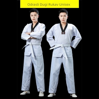 Taekwondo odjeća – dugo i kratko rukave, za odrasle i djecu, trening komad; tkanina pamuk-poliester smjesa, 35% pamuk; podstava pamuk 55%; uzorak 3283093; tolerancija 2-3 cm