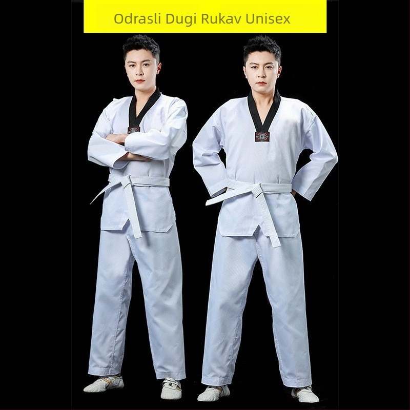 Taekwondo odjeća – dugo i kratko rukave, za odrasle i djecu, trening komad; tkanina pamuk-poliester smjesa, 35% pamuk; podstava pamuk 55%; uzorak 3283093; tolerancija 2-3 cm