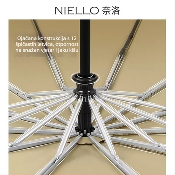 Niello Nello kišobran s 12 rebara, potpuno automatski, aluminijska rebra, drška od čvrstog drva, platno 210T, dvostruka upotreba kiša i sunca