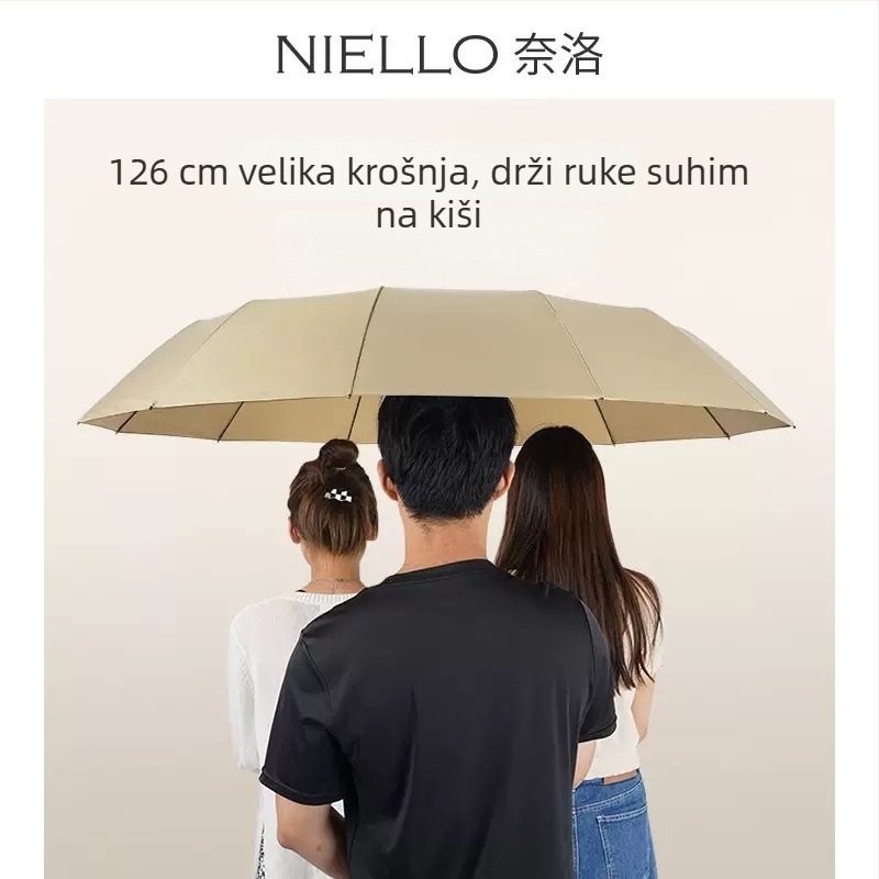 Niello Nello kišobran s 12 rebara, potpuno automatski, aluminijska rebra, drška od čvrstog drva, platno 210T, dvostruka upotreba kiša i sunca