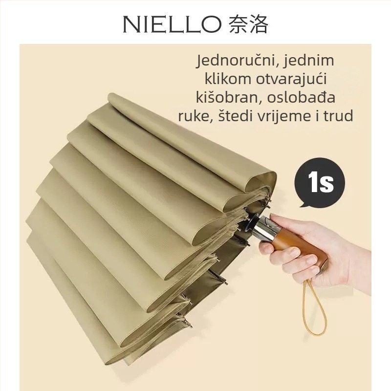 Niello Nello kišobran s 12 rebara, potpuno automatski, aluminijska rebra, drška od čvrstog drva, platno 210T, dvostruka upotreba kiša i sunca