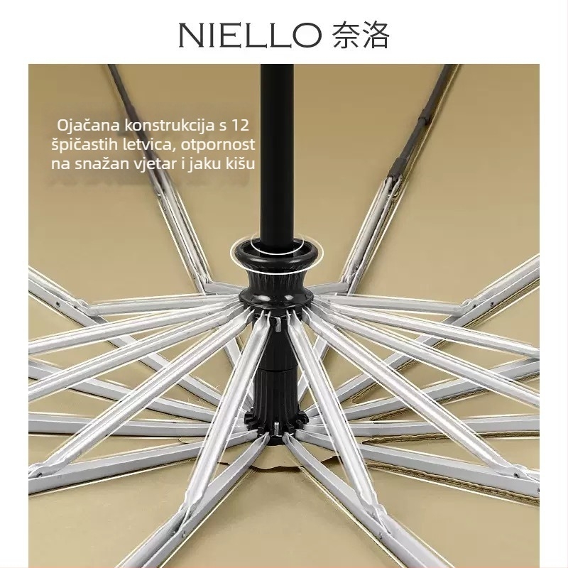 Niello Nello kišobran s 12 rebara, potpuno automatski, aluminijska rebra, drška od čvrstog drva, platno 210T, dvostruka upotreba kiša i sunca