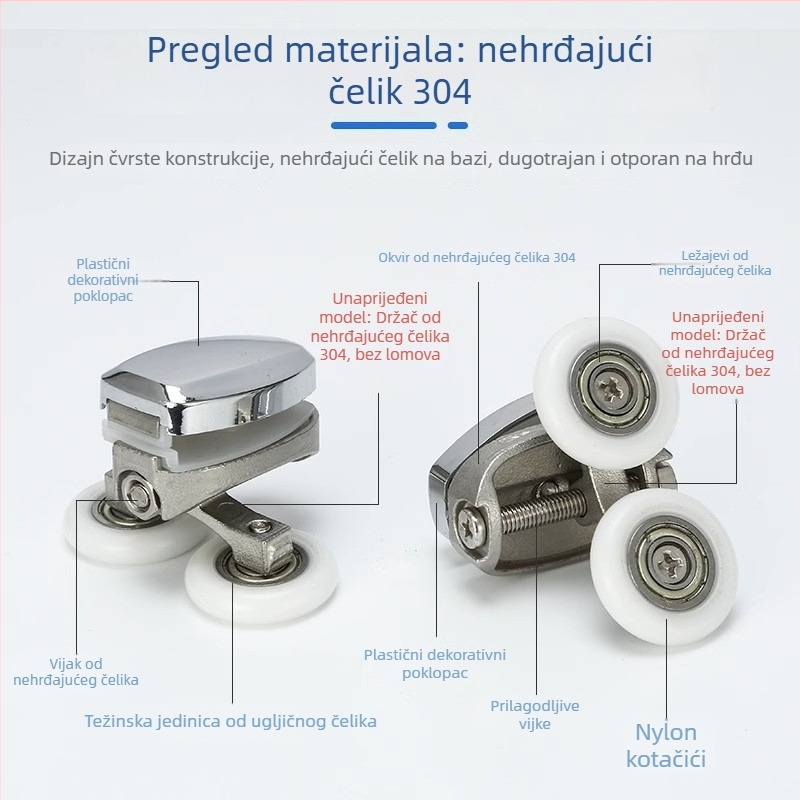 Set hardvera za klizna vrata tuš kabine — lukasta tračnica, 304 nehrđajući čelik, precizno lijevanje, moderni stil jednostavnosti