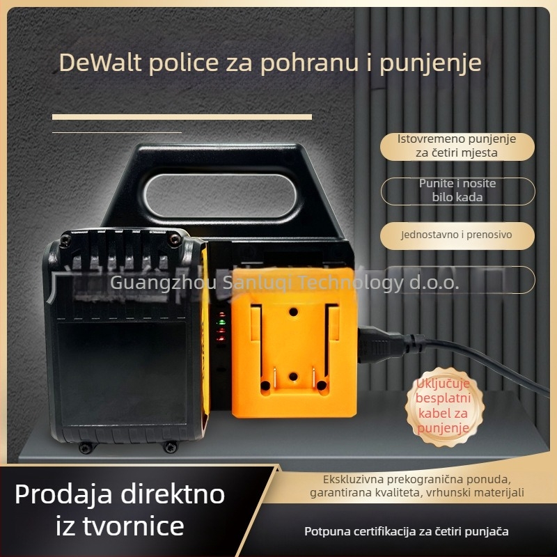 DEWALT Držač za baterije i punjač — dvostruka funkcija prijenosnog držača baterija; Ulaz 100-240V/50-60Hz, Izlaz 4A, CE potvrda, Serija: DEWALT Battery Storage Rack + Charging Function, Za bateriju