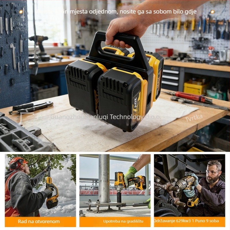 DEWALT Držač za baterije i punjač — dvostruka funkcija prijenosnog držača baterija; Ulaz 100-240V/50-60Hz, Izlaz 4A, CE potvrda, Serija: DEWALT Battery Storage Rack + Charging Function, Za bateriju