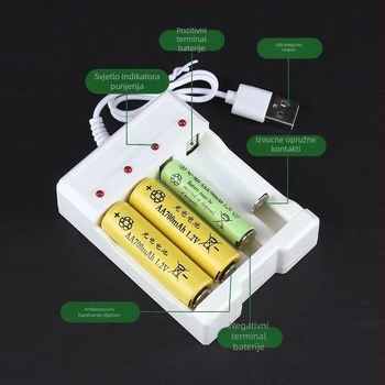 1.2V Ni-MH AA/AAA USB punjač – višenamjenski punjač s više utora, ulaz USB 5V, izlaz 0.25A po utičnici, 1.2V