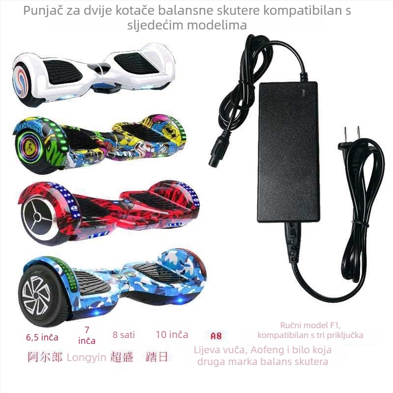 Punjač za balansni skuter s univerzalnim 3-pinskim kabelom 42V — ulaz 110–240V, izlaz 42–63V, struja 1A, za litijevu bateriju