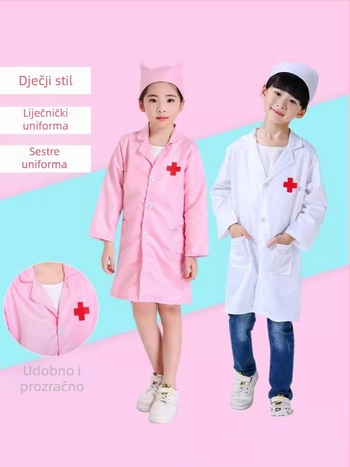 Dječji kostim liječnika i medicinske sestre – unisex, poliester, dugi rukavi, stil laboratorijskog kaputa, za djecu 3–8 godina
