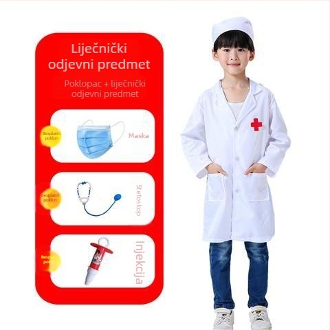 Dječji kostim liječnika i medicinske sestre – unisex, poliester, dugi rukavi, stil laboratorijskog kaputa, za djecu 3–8 godina