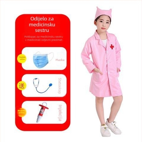 Dječji kostim liječnika i medicinske sestre – unisex, poliester, dugi rukavi, stil laboratorijskog kaputa, za djecu 3–8 godina