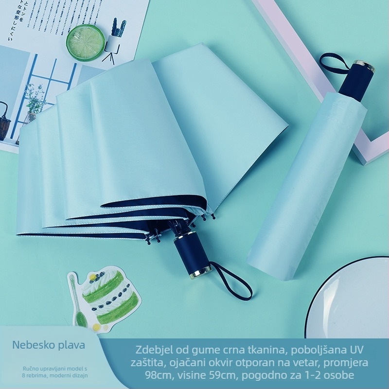 Promotivni sklopivi kišobran za sunce i kišu, s 8 rebara, tkanina od poliestera 190T, ručno otvaranje, težina 350 g, otisak logotipa i prilagodba