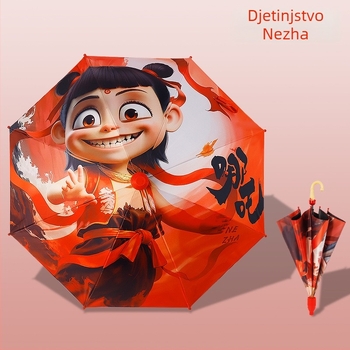 Nezha crtani dječji kišobran, potpuno automatski, duga drška, vinilni baldahin i čelične rebra