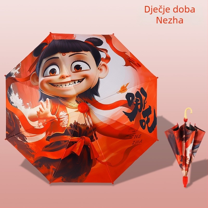Nezha crtani dječji kišobran, potpuno automatski, duga drška, vinilni baldahin i čelične rebra
