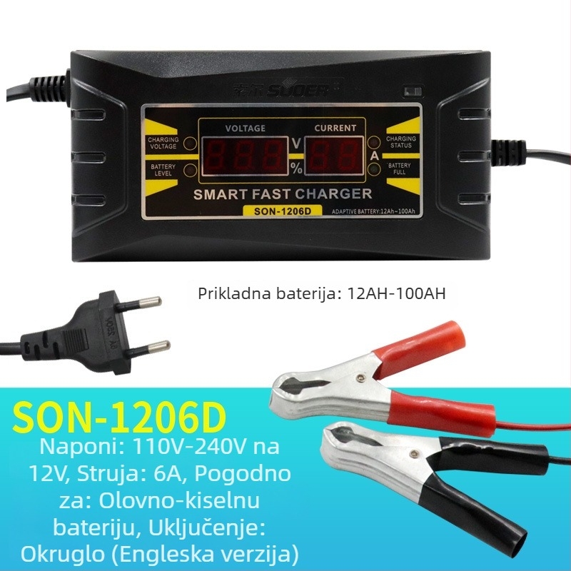 Suoer punjač za automobilsku bateriju, za olovnu bateriju, izlaz 12V, ulaz 100-240V, pametni zaslon