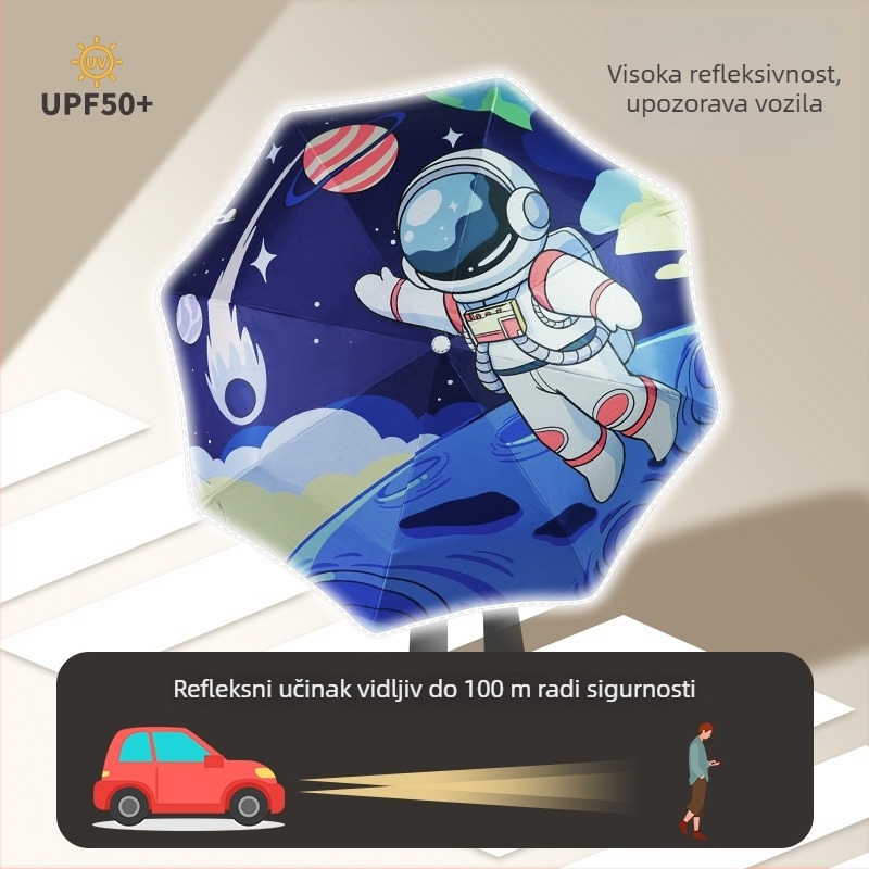 Dječji kišobran s dugom drškom, poluautomatsko otvaranje i automatsko zatvaranje; okvir s 8 rebara, čelična šasija, vlaknaste rebara, gumena ručka, UPF50+ UV zaštita, tkanina 210t, cartoon stil učenika