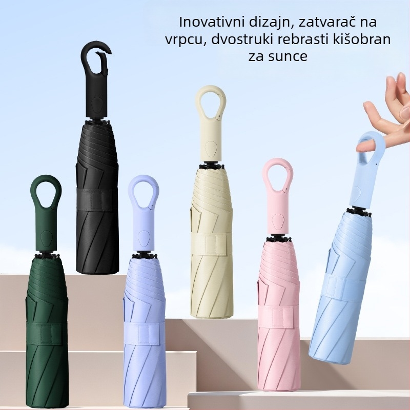 Kompatni automatski sklopivi kišobran za muškarce i žene, vinilno platno, okvir od vlakana s 8 rebara, UV zaštita UPF50+, tiskanje loga dostupno (automatsko otvaranje zatvaranje; 8 rebara; vinilno platno; UPF50+)