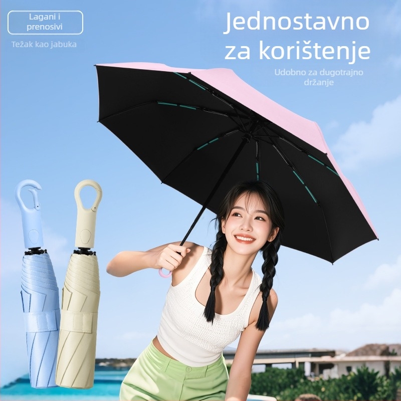 Kompatni automatski sklopivi kišobran za muškarce i žene, vinilno platno, okvir od vlakana s 8 rebara, UV zaštita UPF50+, tiskanje loga dostupno (automatsko otvaranje zatvaranje; 8 rebara; vinilno platno; UPF50+)
