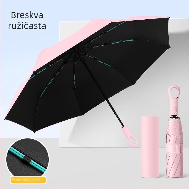 Kompatni automatski sklopivi kišobran za muškarce i žene, vinilno platno, okvir od vlakana s 8 rebara, UV zaštita UPF50+, tiskanje loga dostupno (automatsko otvaranje zatvaranje; 8 rebara; vinilno platno; UPF50+)