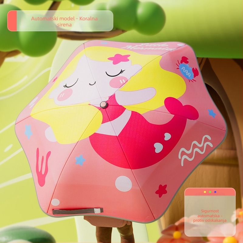 Dječji automatski sklopivi kišobran s dizajnom anime djevojčice, 6 rebara od vlaknastog materijala, 190T tkanina, za učenike