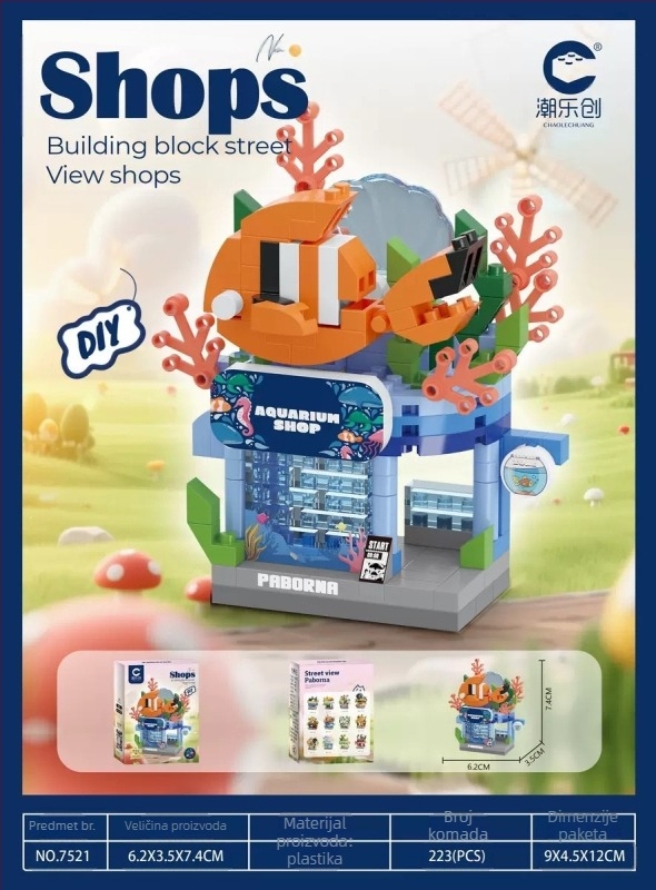 Set građevnih blokova za uzrast 7–14; LEGO-kompatibilni mikro-blokovi u uličnoj sceni; ABS plastika; 200–400 komada; 0,2 kg