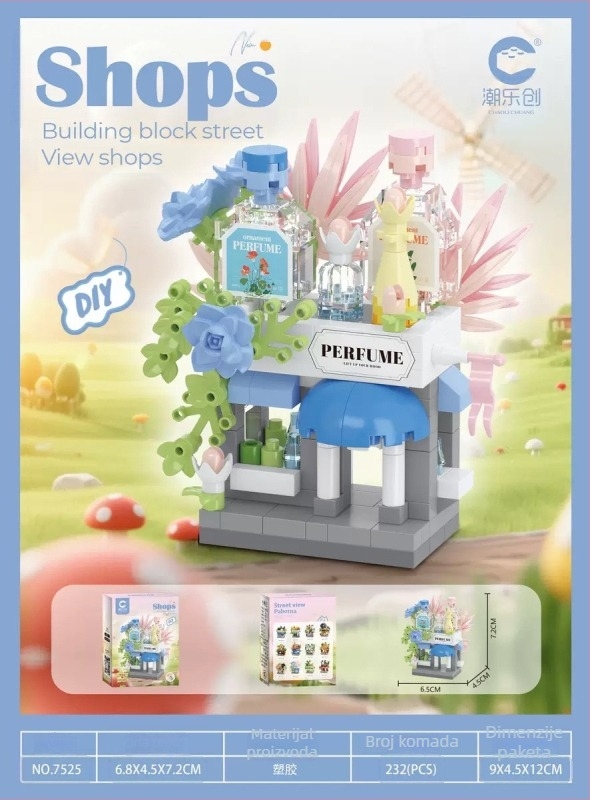 Set građevnih blokova za uzrast 7–14; LEGO-kompatibilni mikro-blokovi u uličnoj sceni; ABS plastika; 200–400 komada; 0,2 kg