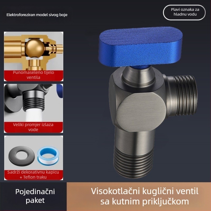 304 nehrđajući čelični kutni ventil, navojni priključak, za toplu i hladnu vodu, visok protok, model Q