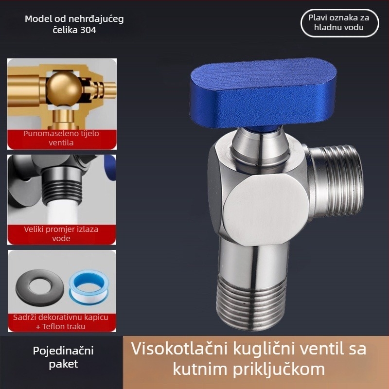 304 nehrđajući čelični kutni ventil, navojni priključak, za toplu i hladnu vodu, visok protok, model Q
