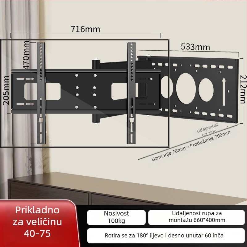 Zidni nosač za TV s 180° rotacijom i teleskopskim krakom, od hladnog valjanog čelika, pogodan za plosne televizore, težina 12 kg