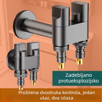 Ventil za perilicu rublja s jednim ulazom i dvama izlazima, produženi dvostruki ventil s automatskim zatvaranjem