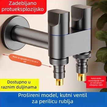 Ventil za perilicu rublja s jednim ulazom i dvama izlazima, produženi dvostruki ventil s automatskim zatvaranjem