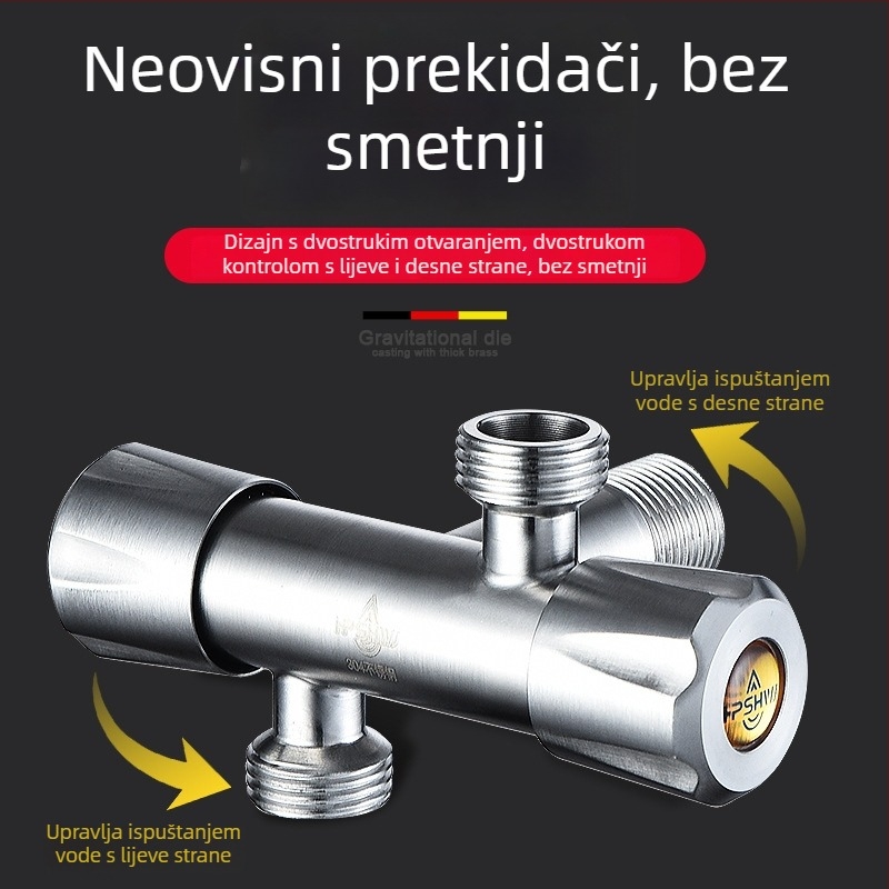 Trostruki kutni ventil od 304 nehrđajućeg čelika, zidna ugradnja, ulaz 1, izlaz 2, model HP-812