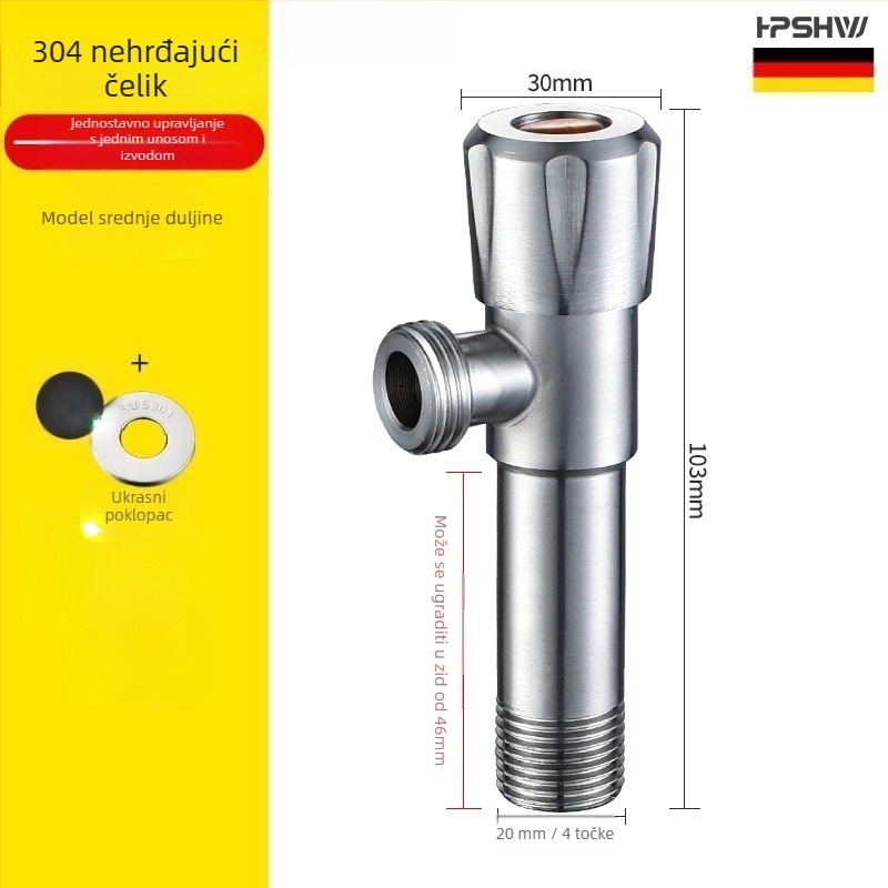 Trostruki kutni ventil od 304 nehrđajućeg čelika, zidna ugradnja, ulaz 1, izlaz 2, model HP-812