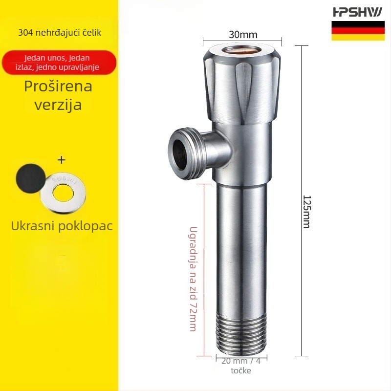 Trostruki kutni ventil od 304 nehrđajućeg čelika, zidna ugradnja, ulaz 1, izlaz 2, model HP-812