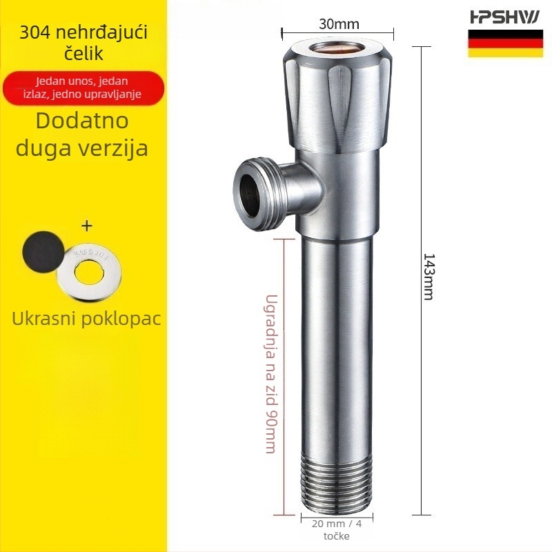 Trostruki kutni ventil od 304 nehrđajućeg čelika, zidna ugradnja, ulaz 1, izlaz 2, model HP-812