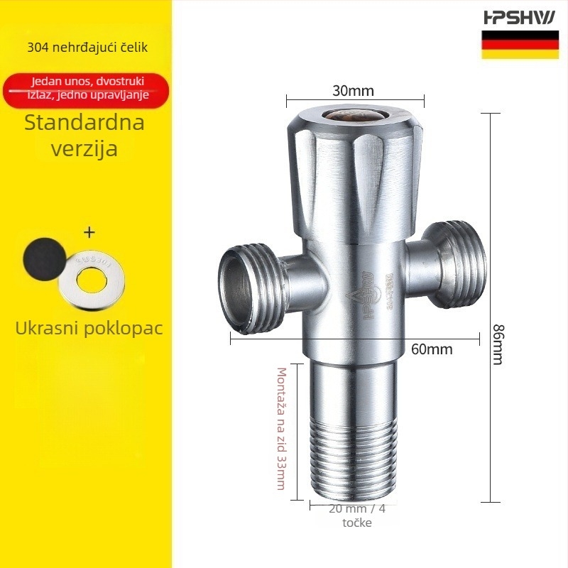 Trostruki kutni ventil od 304 nehrđajućeg čelika, zidna ugradnja, ulaz 1, izlaz 2, model HP-812