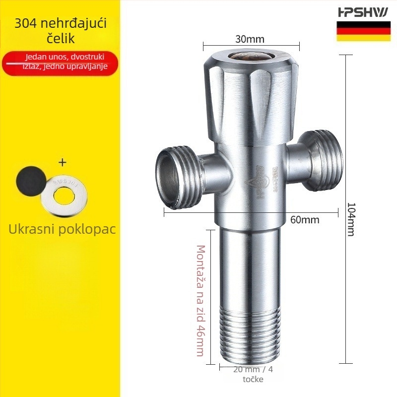 Trostruki kutni ventil od 304 nehrđajućeg čelika, zidna ugradnja, ulaz 1, izlaz 2, model HP-812