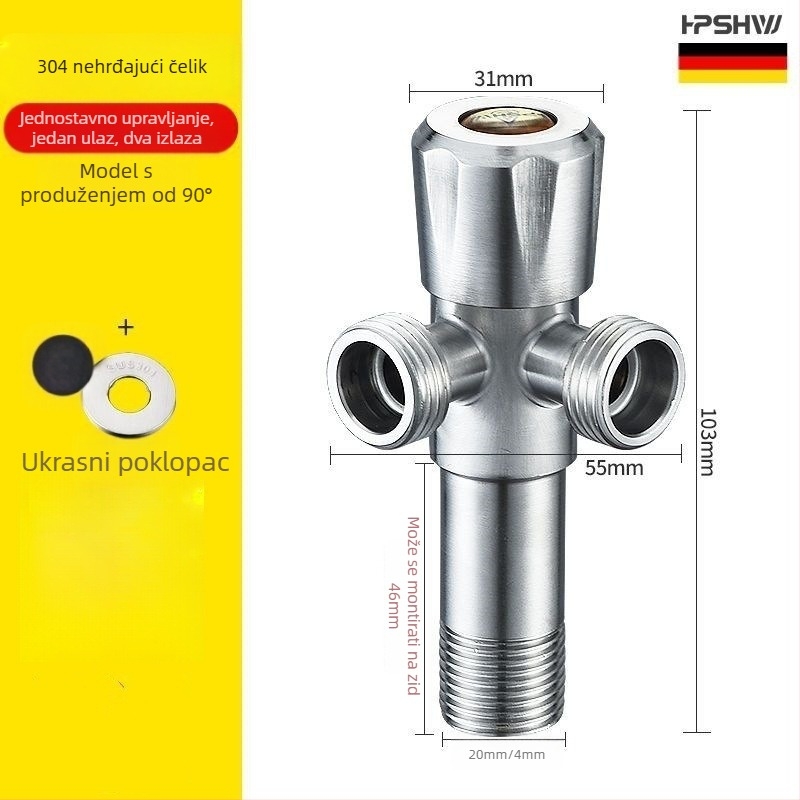 Trostruki kutni ventil od 304 nehrđajućeg čelika, zidna ugradnja, ulaz 1, izlaz 2, model HP-812